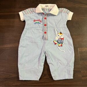 Vintage Light Blue Boys Romper with Embroidered Design 6-9 mo